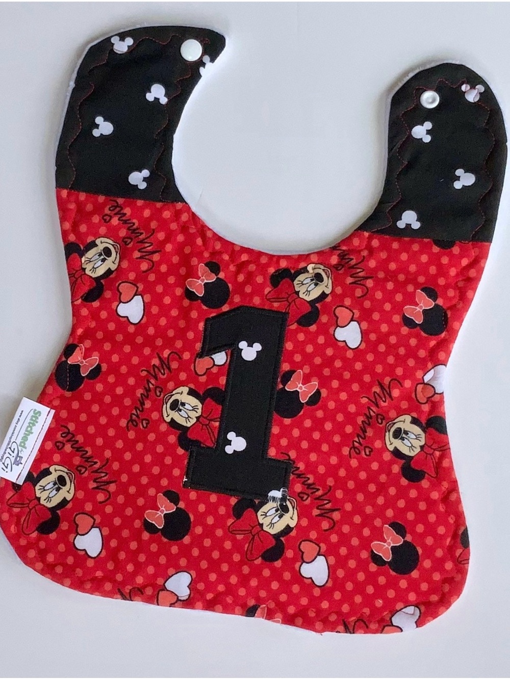 Red Minnie Mouse First Birthday Bib with Bib Number 1